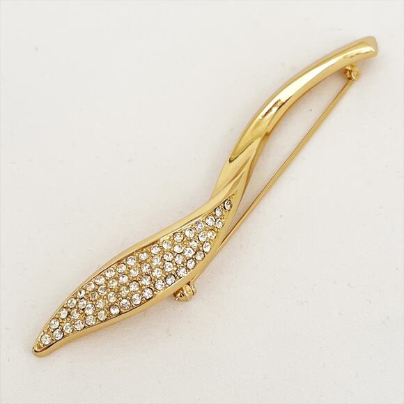 DIOR Vintage Gold Toned Leaf Rhinestone Brooch Pin 1990s-2000s - Picture 11 of 12